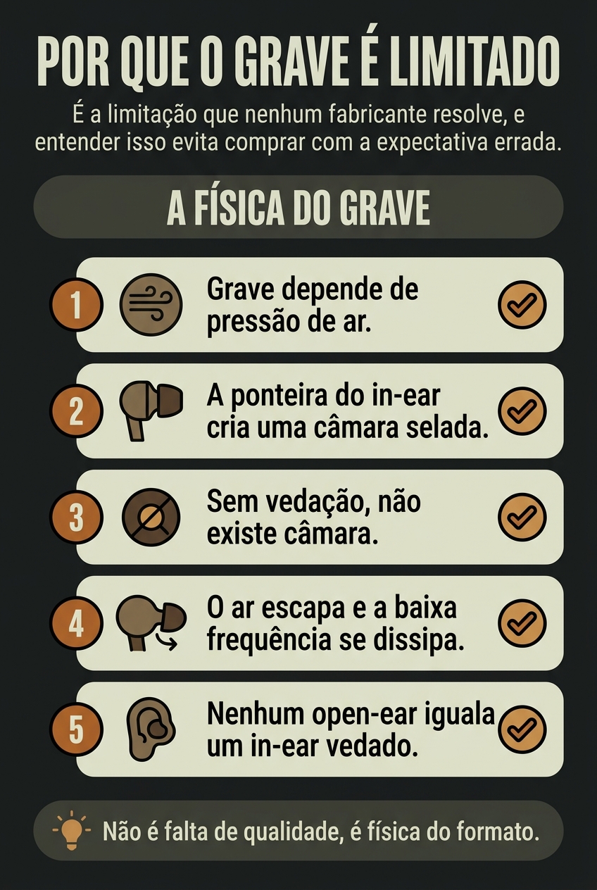Por que o fone open-ear tem grave mais fraco