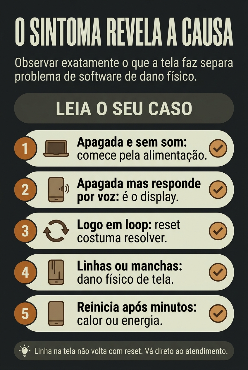 Como identificar a causa pelo comportamento da tela