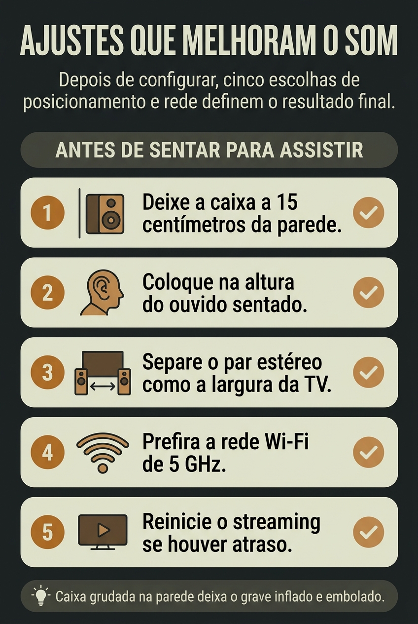 Ajustes de posicionamento e rede para o home theater sem fio